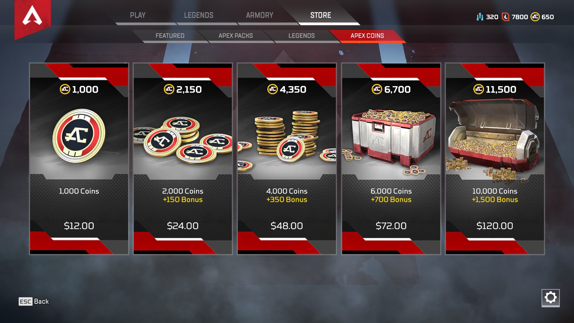 Showing the buy screen for Apex Coins in Apex Legends